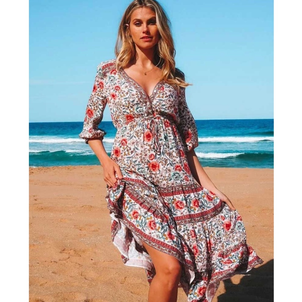 Bohemian floral print ruffle v neck midi Dress Cottage core - Picture 2 of 7